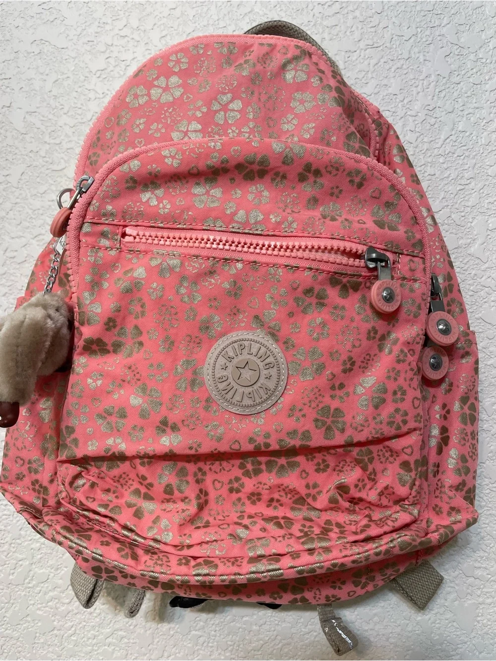 Kipling Pink Backpack with Gold Floral Print